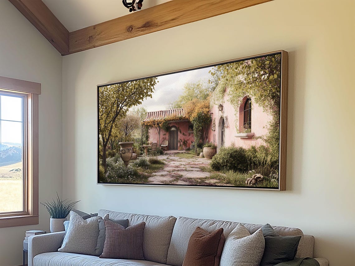 Mediterranean Pink Villa Courtyard Garden Stone Path Art Poster - Image 5
