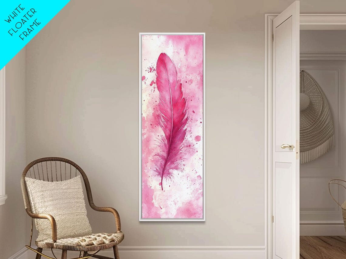 Pink Feather Watercolor Painting Soft Magenta Plume Vertical Wall Art - Image 4
