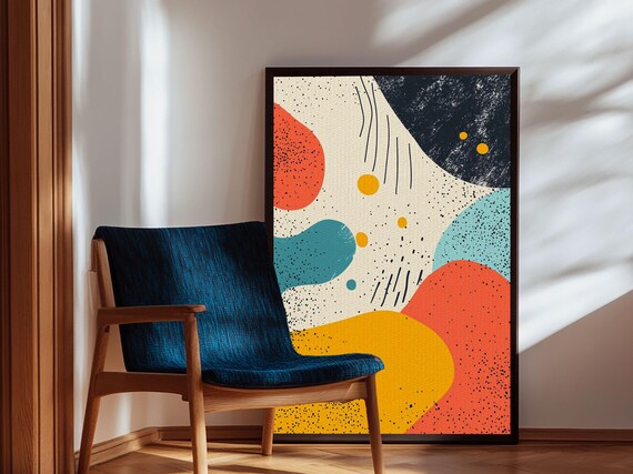 Framed Print Retro 90s Style Wall Art Orange Turquoise And White Art Modern Wall Art Mid Century Art