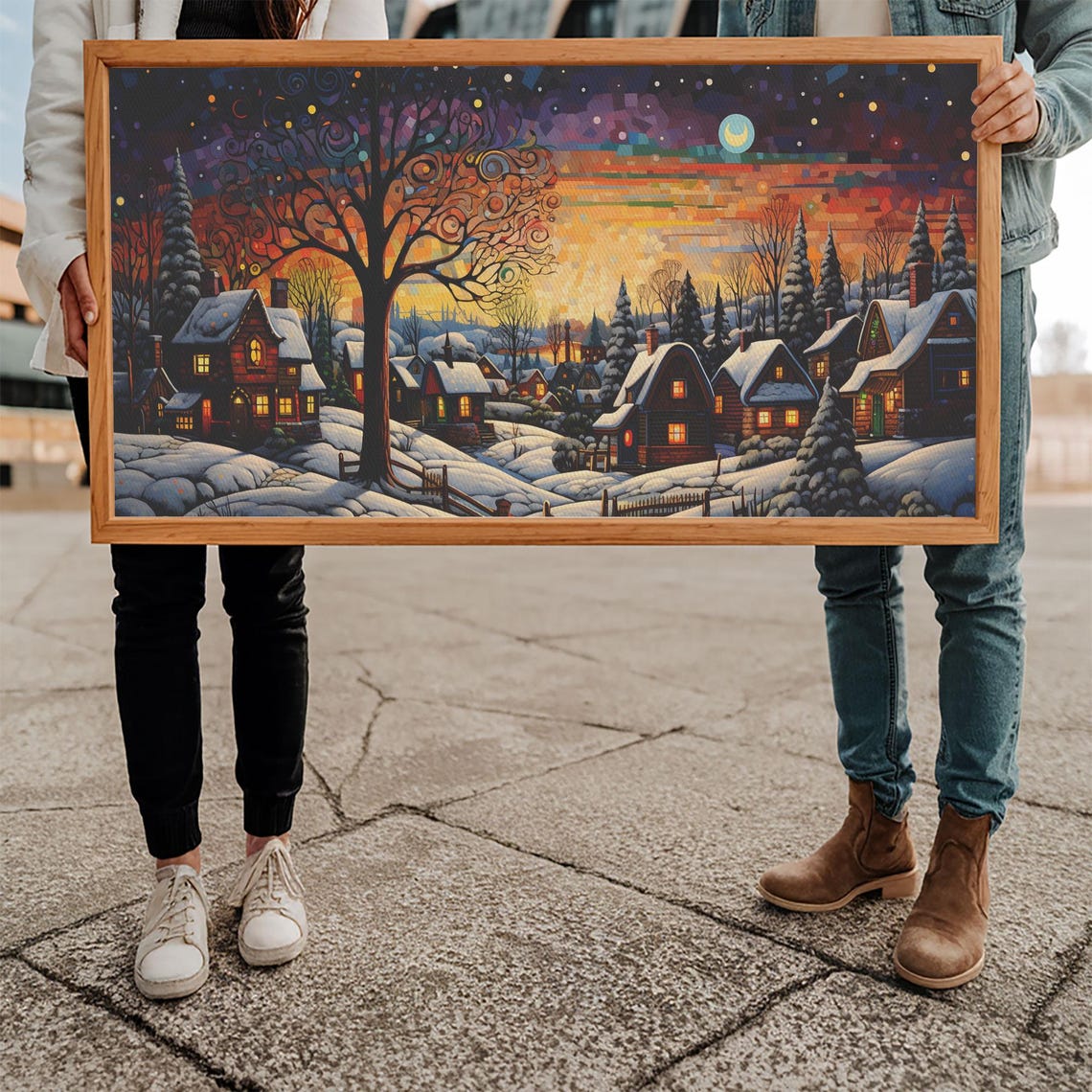 Whimsical Christmas Village At Night Under Swirling Starry Sky Poster - Image 5