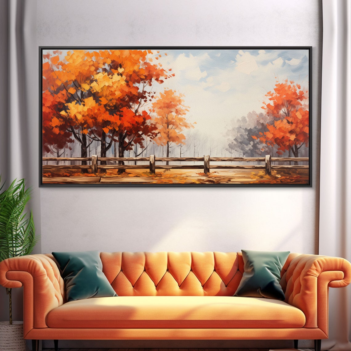 Autumn Orange Trees Rustic Wooden Fence Soft Watercolor Poster - Image 4