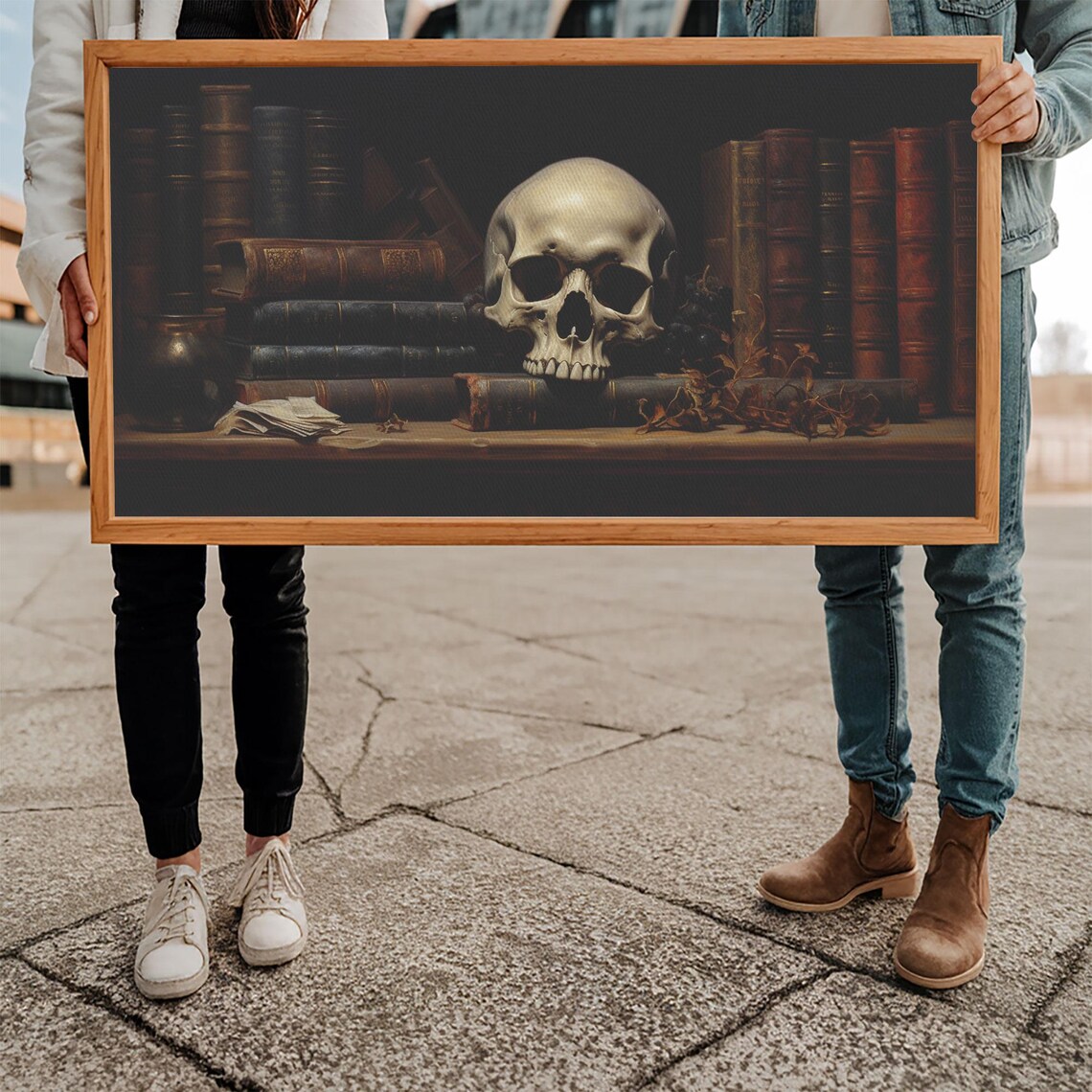 Human Skull On Bookshelf Among Old Books Dark Academia Poster - Image 5