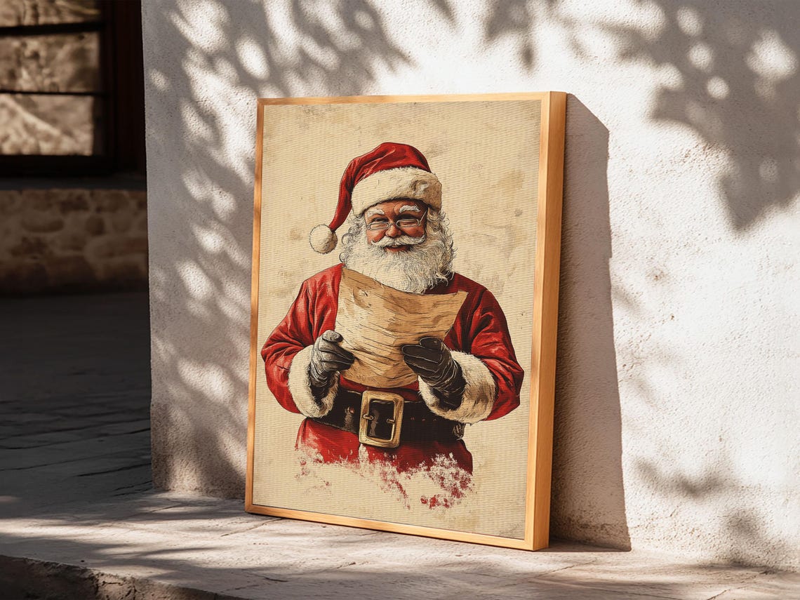 Santa Claus Reading His Long Christmas List Vintage Holiday Art Poster - Image 3