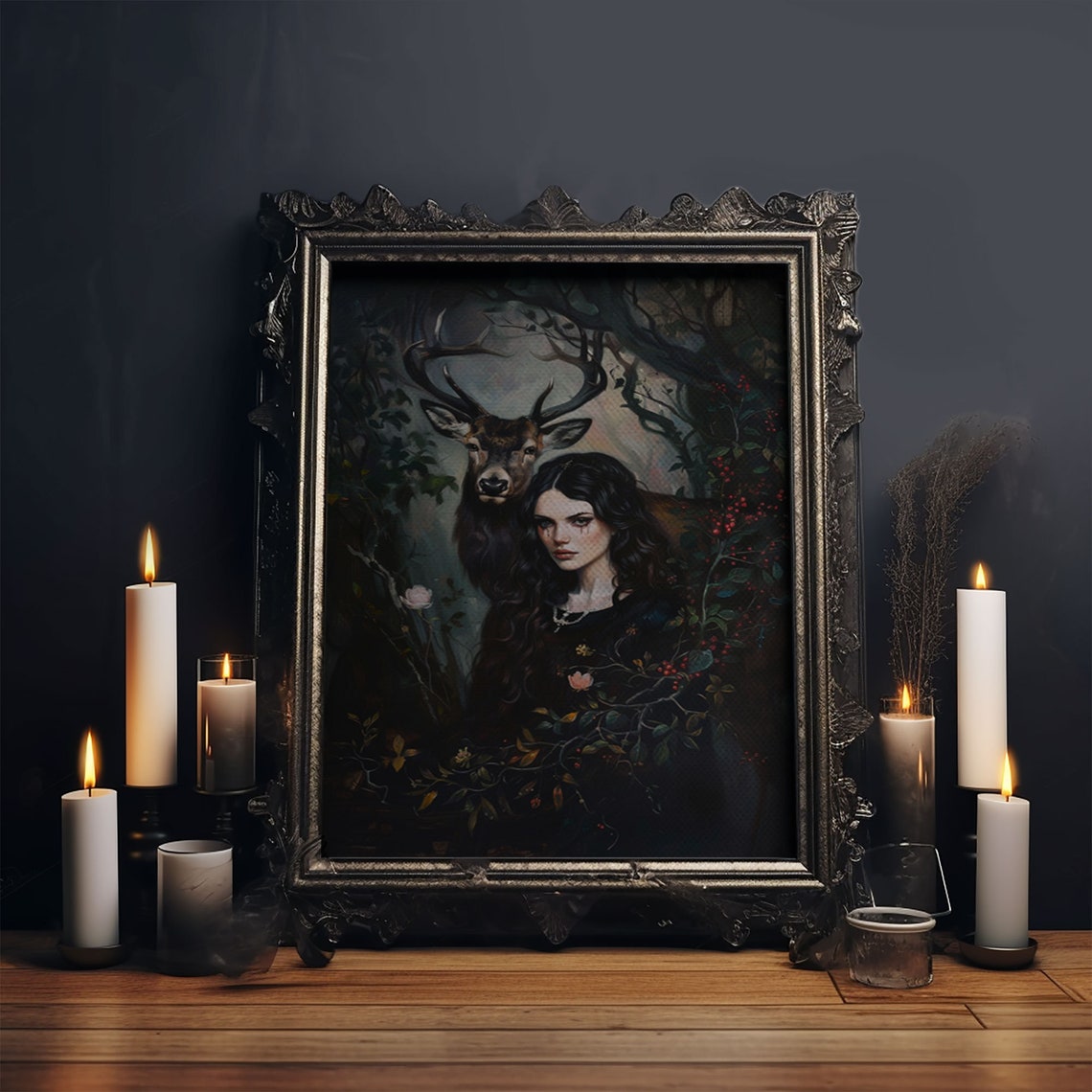 Mystical Woman With Stag In Enchanted Dark Forest Gothic Art Poster - Image 6