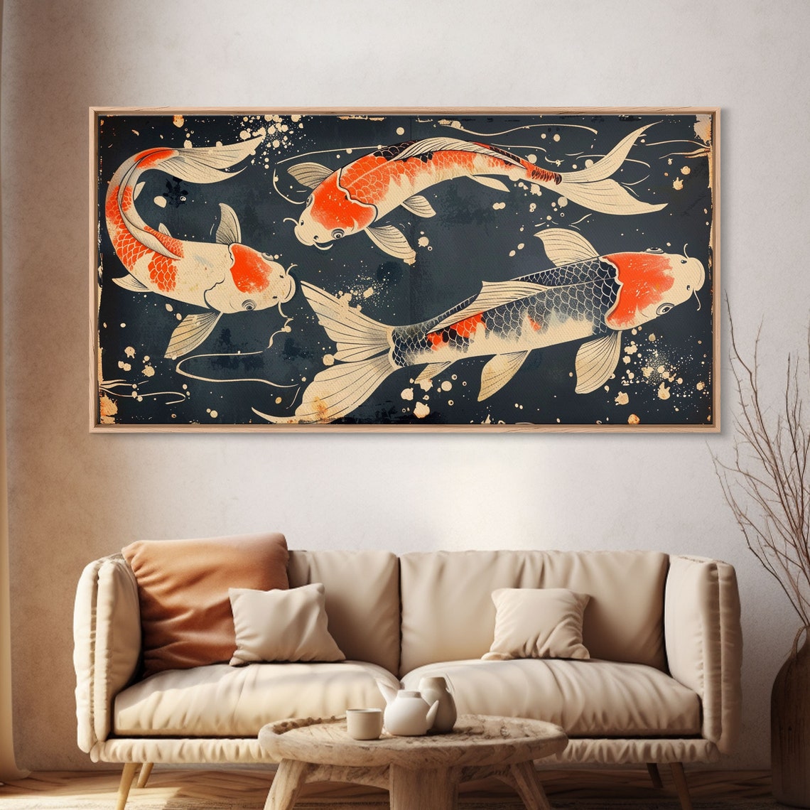 Japanese Koi Fish Trio Ukiyo E Style Dark Teal Water Zen Art Poster - Image 4