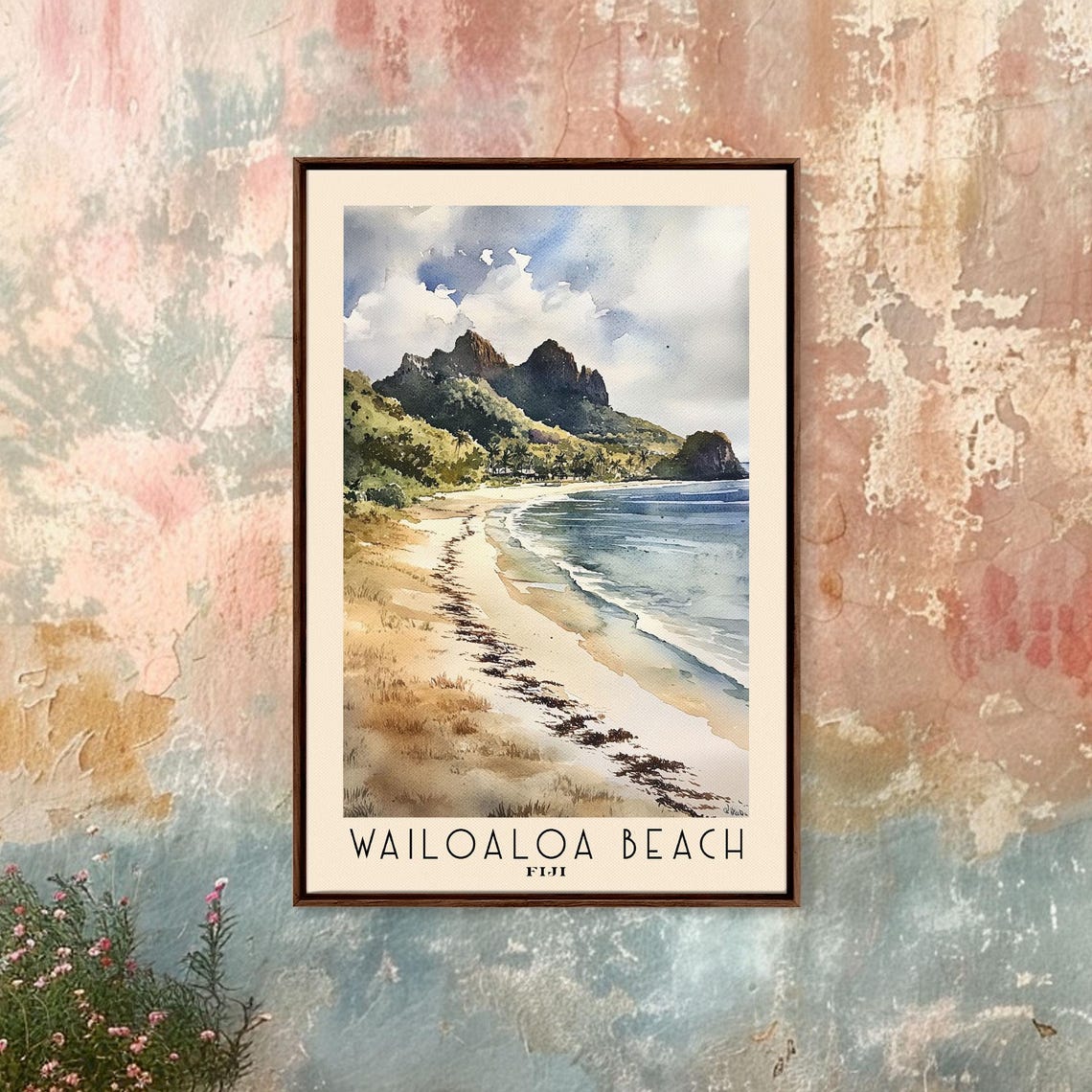 Wailoaloa Beach Fiji Watercolor Mountain Backed Coast Tropical Poster - Image 4