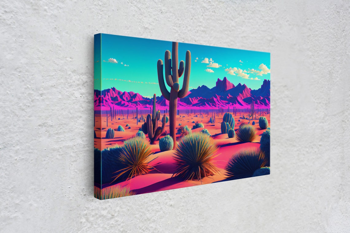 Synthwave Cactus Desert Neon Pink Mountains Saguaro Retro Art Poster - Image 4