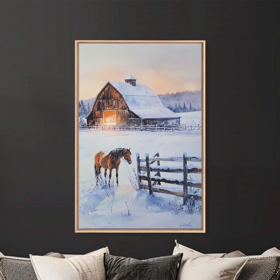Horse In Snowy Pasture Before Barn At Dusk Winter Farm Poster - Image 4