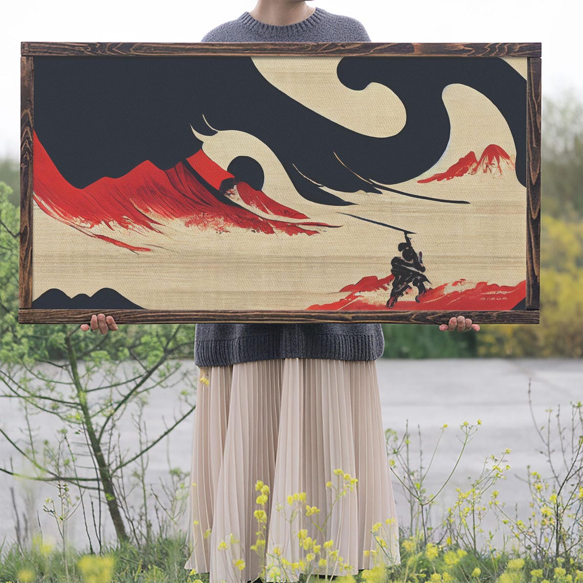 Japanese Samurai Fighting Giant Wave Under Red Sun Style Art Poster - Image 2