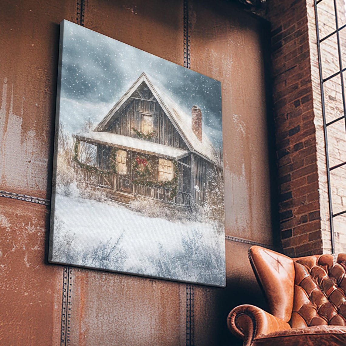 A-Frame Cabin In Snowstorm With Christmas Garlands Winter Poster - Image 4