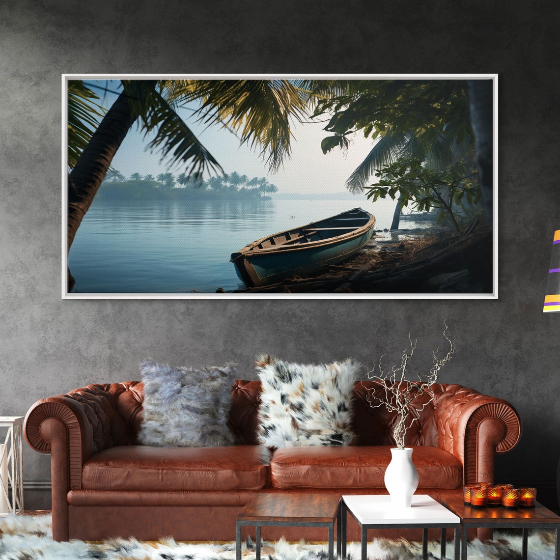 Abandoned Wooden Canoe Misty Tropical Lake Palm Trees Dawn Poster