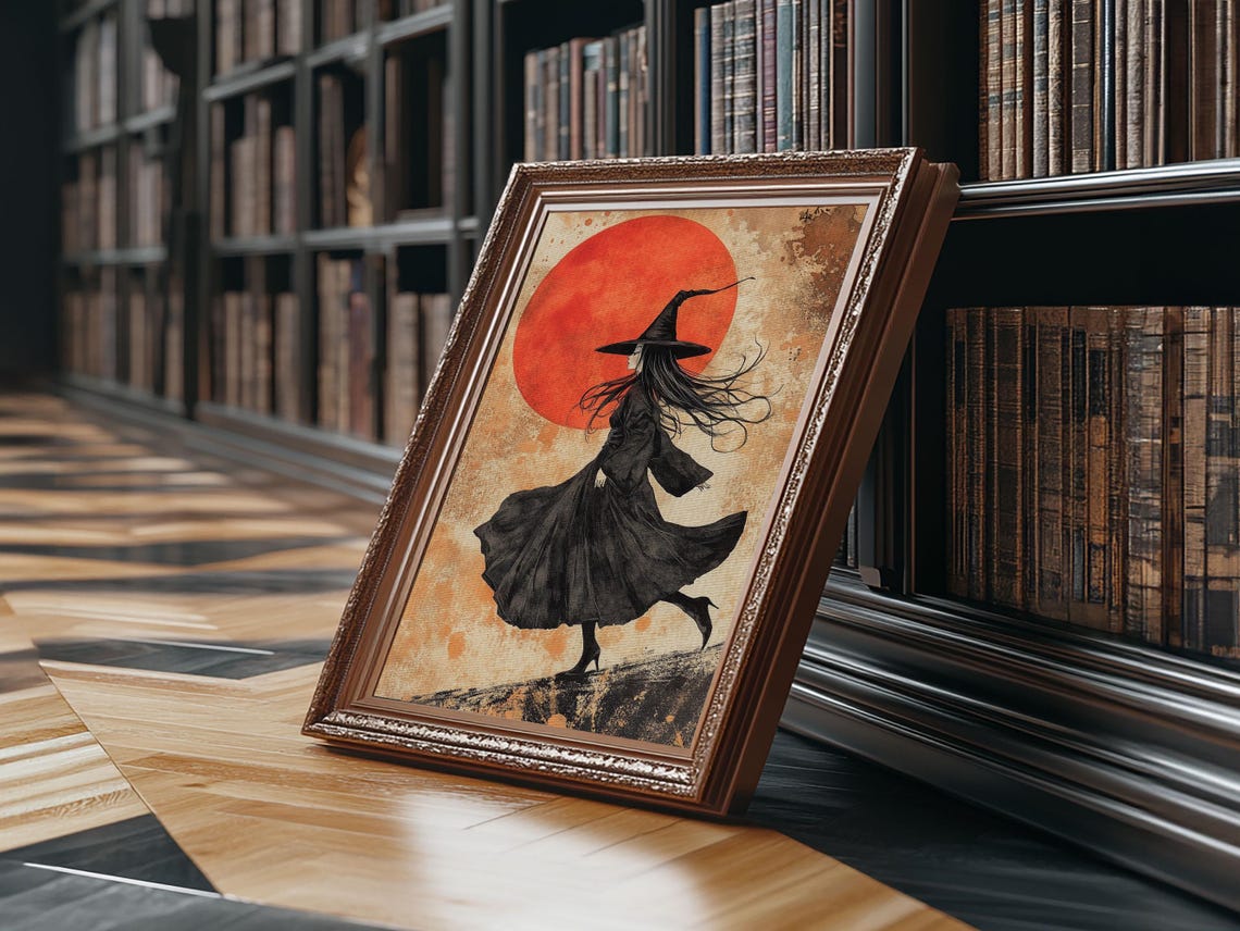 Vintage Witch In Black Dress Under Red Moon Halloween Art Print