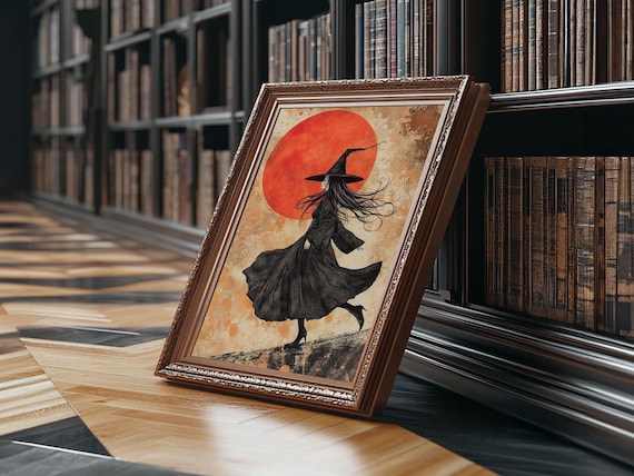 Vintage Witch In Black Dress Under Red Moon Halloween Art Print