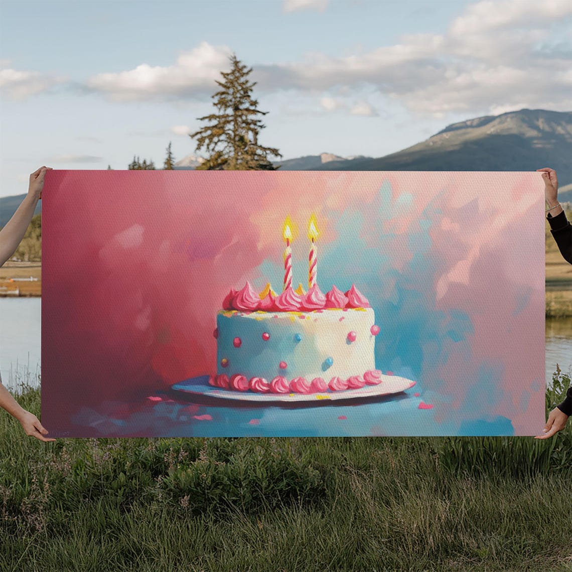 Pink Birthday Cake With Lit Candles Painting Preppy Kitchen Poster - Image 2