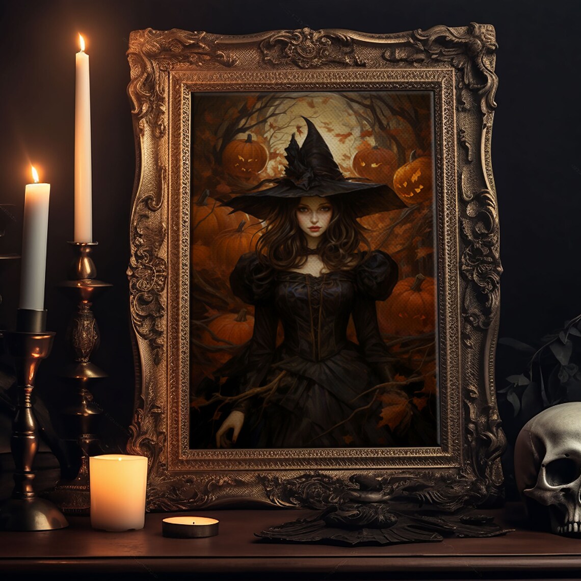 Gothic Witch Halloween Pumpkin Patch Art Print - Image 6