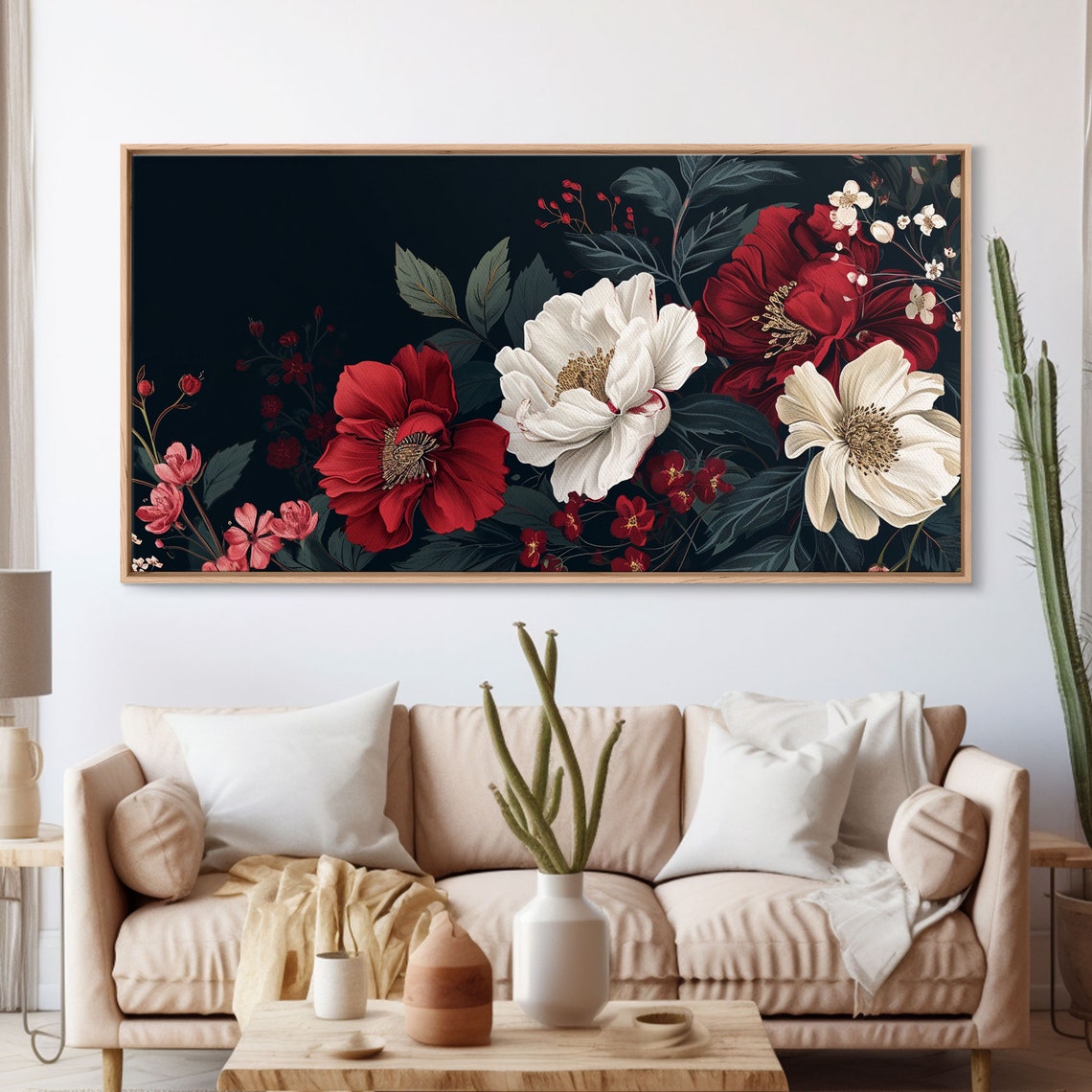 Red White Peony Floral Botanical Painting Black Background Poster - Image 3