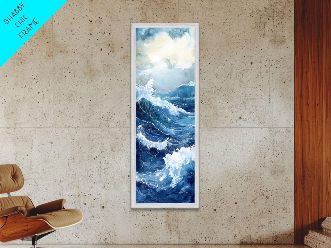 Dramatic Deep Blue Ocean Storm Waves Watercolor Seascape Wall Poster - Image 6