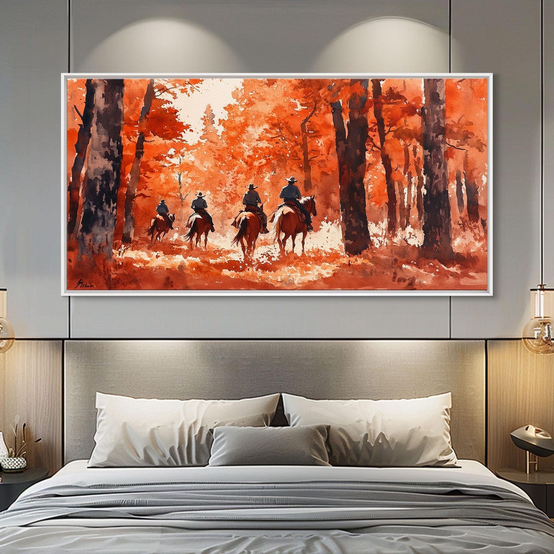 Cowboys Riding Into Blazing Red Autumn Forest Trail Art Print
