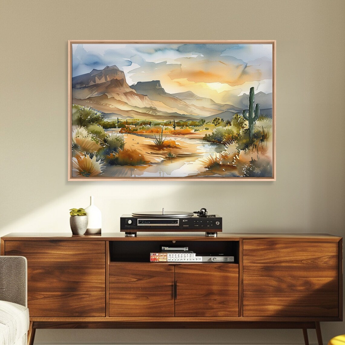 Arizona Desert Watercolor Mesa Saguaro Cactus Pond Golden Sunset Print - Image 2