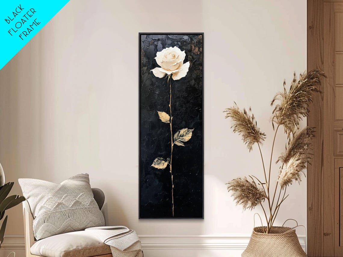 Elegant White Rose On Black Dramatic Botanical Oil Painting Poster - Image 2