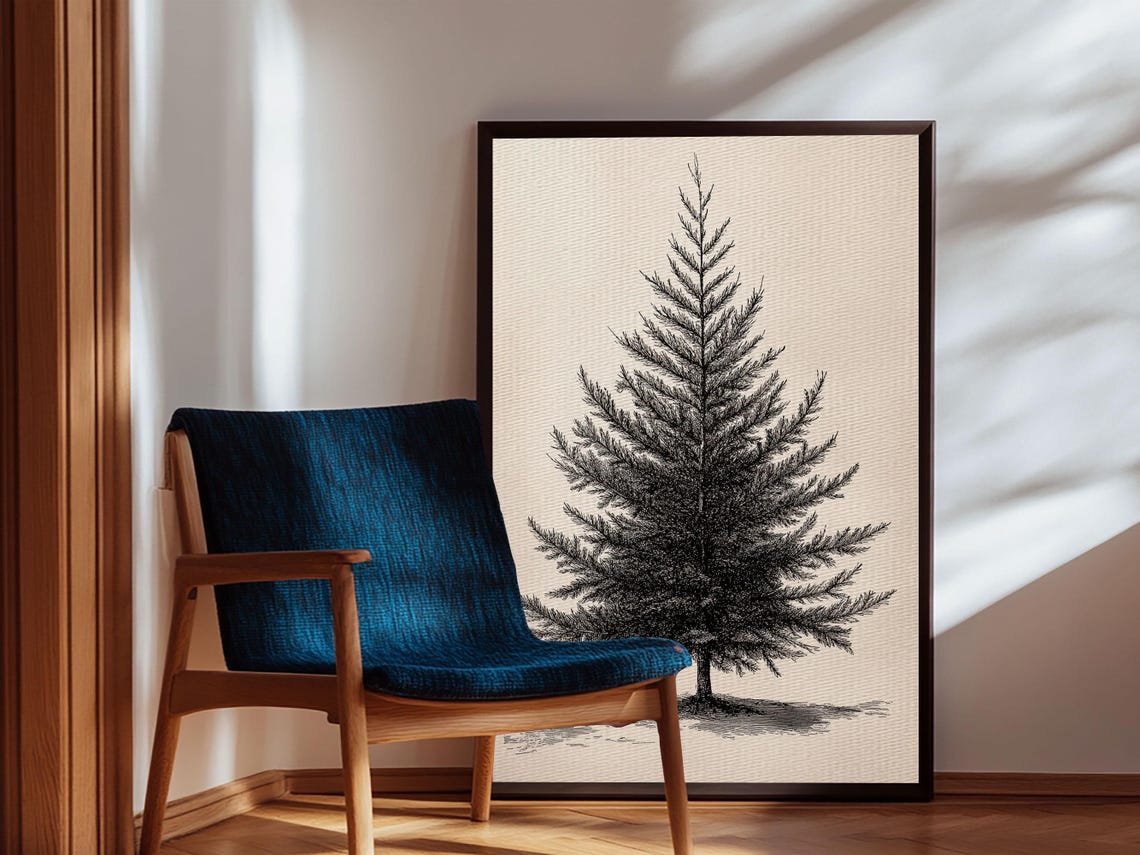 Minimalist Evergreen Tree Ink Sketch Art Print Black And White Decor