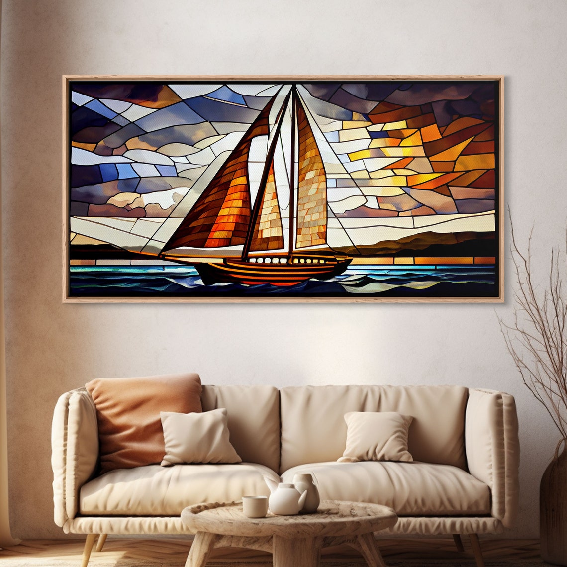 Art Deco Stained Glass Sailing Ship Golden Sails Ocean Wave Art Poster - Image 4