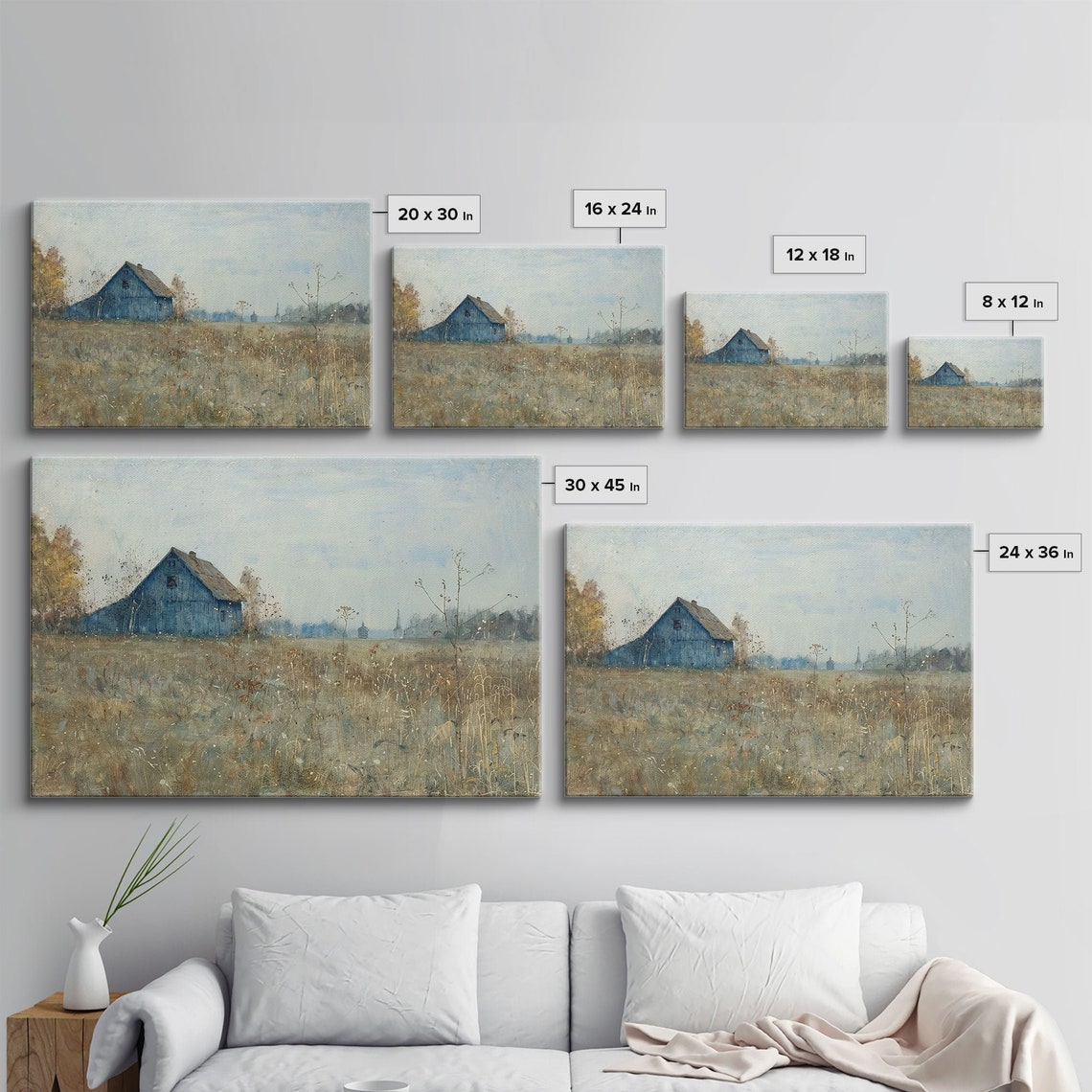 Old Blue Barn Folk Art Painting Field Tall Dry Grass Rustic Wall Art - Image 2