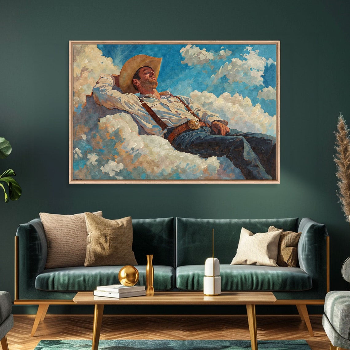 Cowboy Relaxing On Clouds Bright Blue Sky Whimsical Western Poster - Image 3