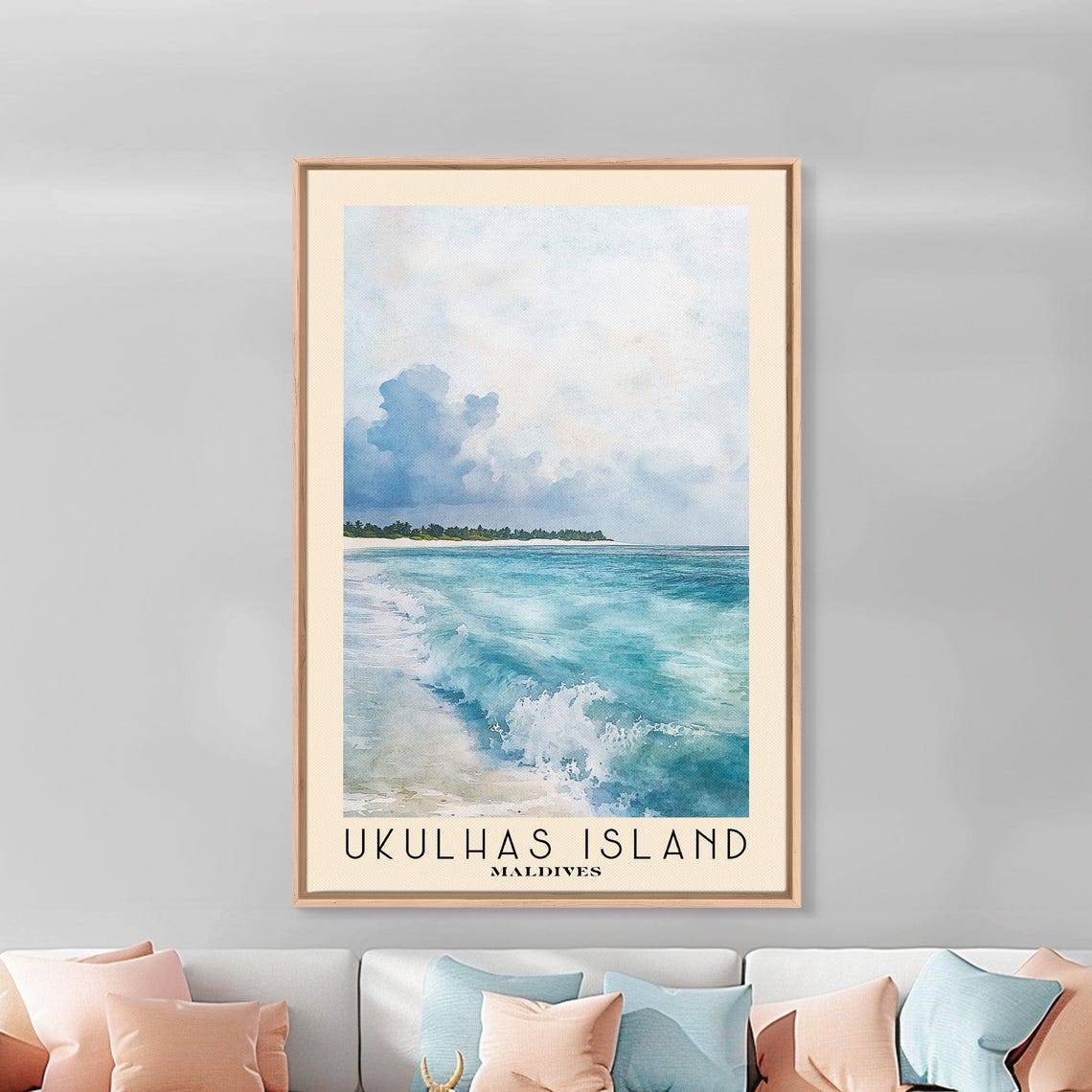 Ukulhas Island Maldives Turquoise Waves White Sand Watercolor Poster - Image 2