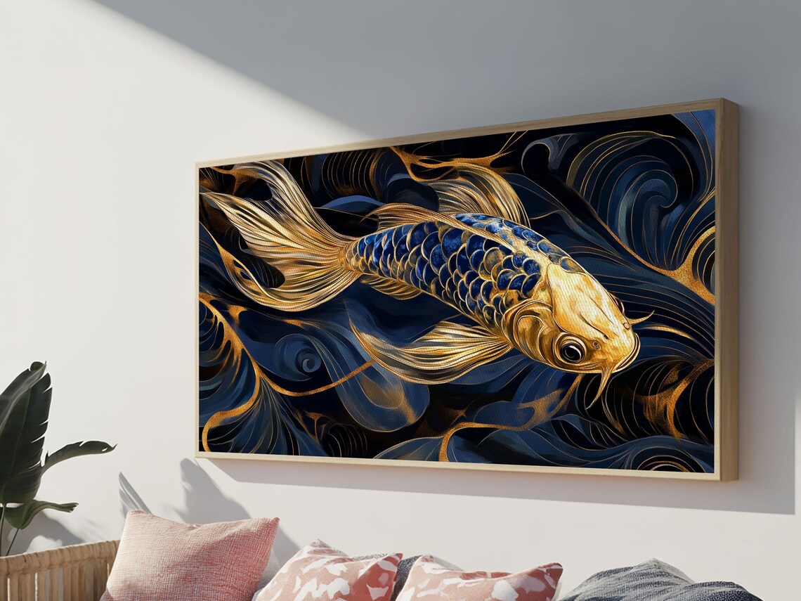 Golden Blue Koi Fish Flowing Fins Dark Elegant Asian Style Wall Art - Image 4