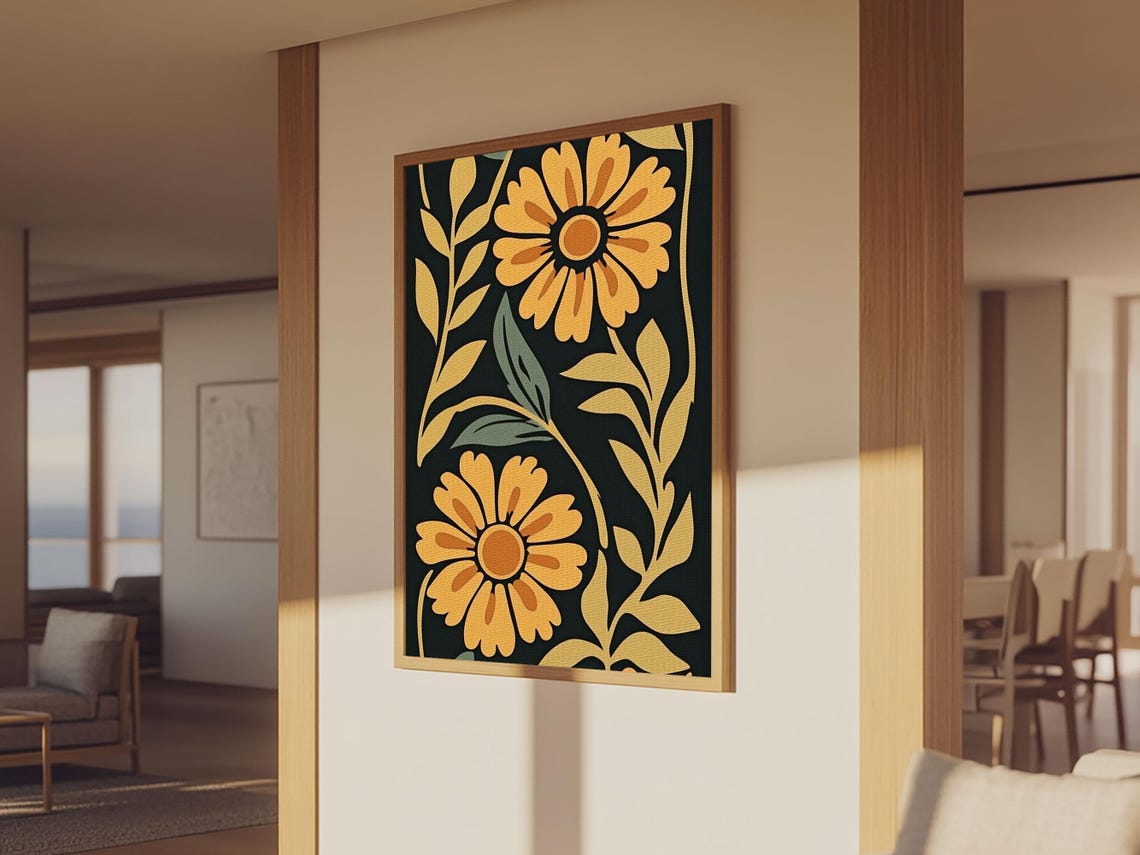 Vintage Yellow Daisy Flowers Dark Green Retro Botanical Art Poster