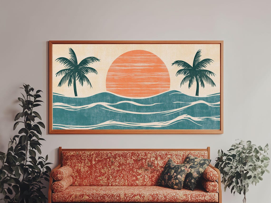 Japanese Wood Block Print Style Sunset And Palm Trees Framed Print Boho Style Minimalist Home Decor - Image 2