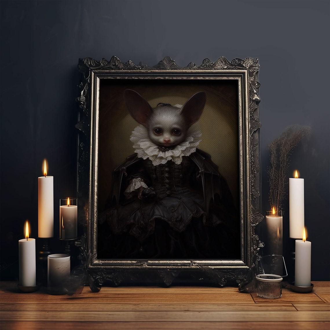 Cute Vampire Bat In Victorian Dress With Lace Collar Halloween Print - Image 4
