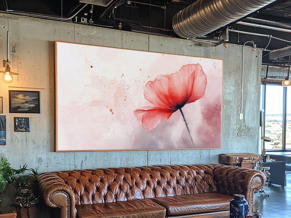 Coral Red Poppy Bloom Minimalist Watercolor Soft Blush Wall Art Poster - Image 2
