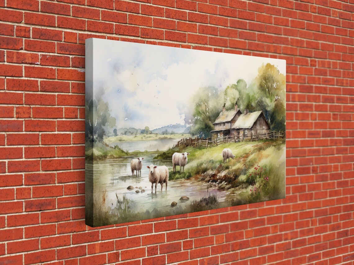 Sheep Grazing By The River, Vintage Landscape - Image 2