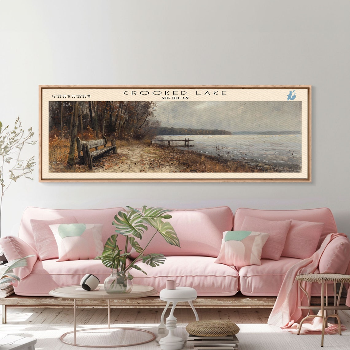 Crooked Lake Michigan Autumn Shore Bench Dock Gray Sky Travel Poster - Image 2