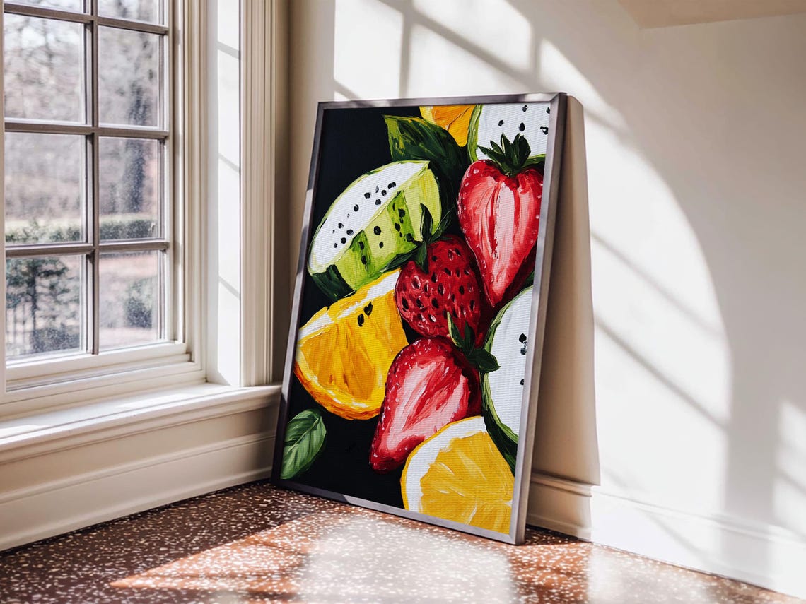 Bold Strawberry Orange Dragon Fruit Still Life Kitchen Art Print - Image 3