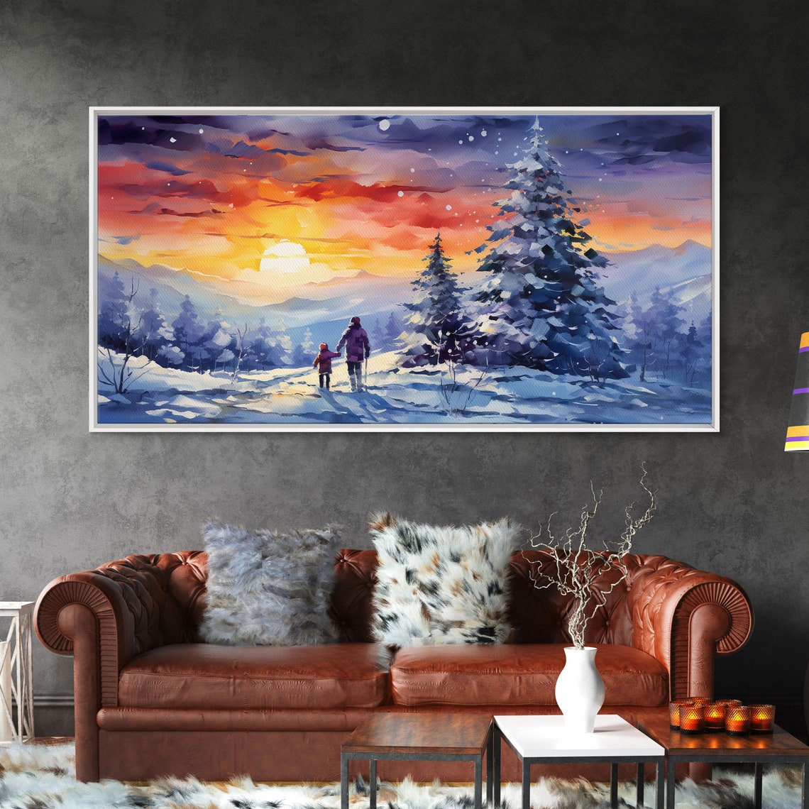Winter Sunset Mountain Hike Snowy Pines Fire Sky Panoramic Poster