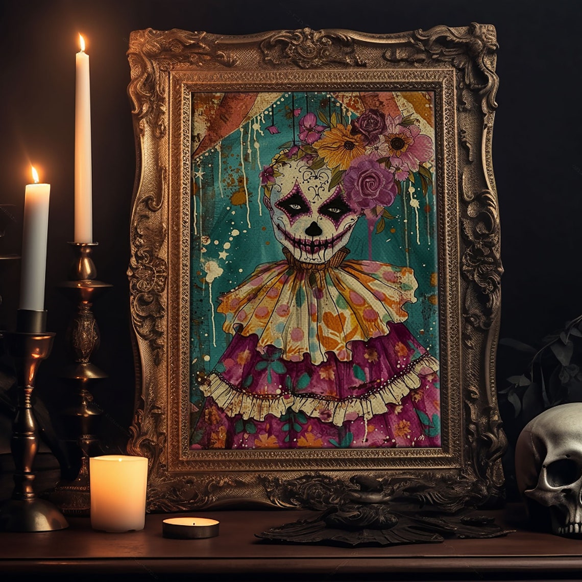 Day Of Dead Doll Floral Crown Sugar Skull Halloween Art Poster - Image 6