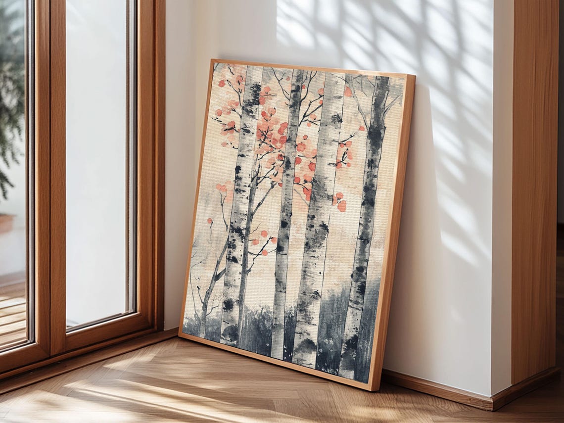 Watercolor Birch Trees With Red Blossoms Autumn Forest Poster