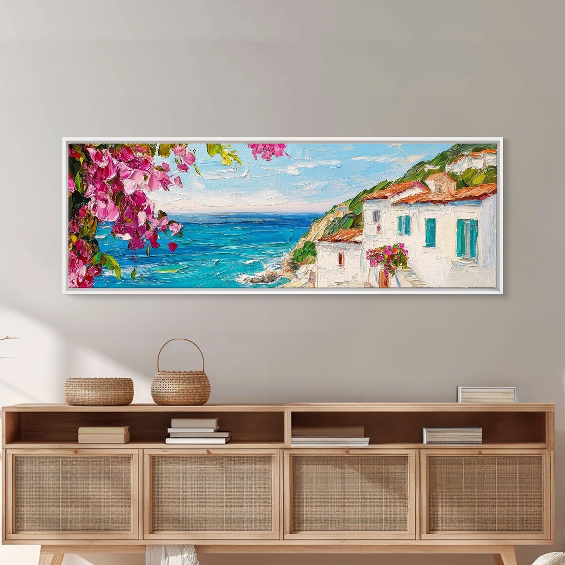 Mediterranean Coastal Village Bougainvillea Sea View Oil Painting Poster - Image 3