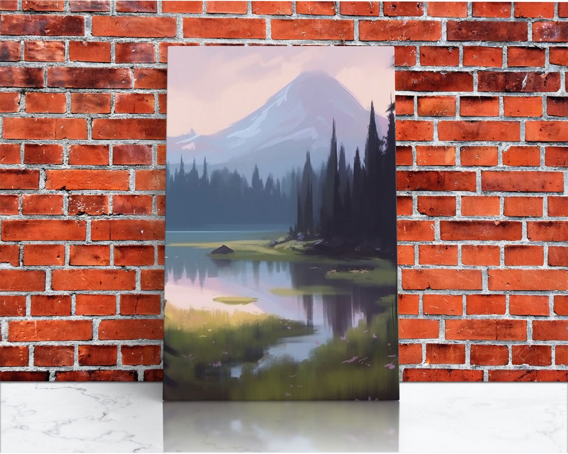 Misty Mountain Lake Dawn Reflections Pine Forest Soft Landscape Poster - Image 3