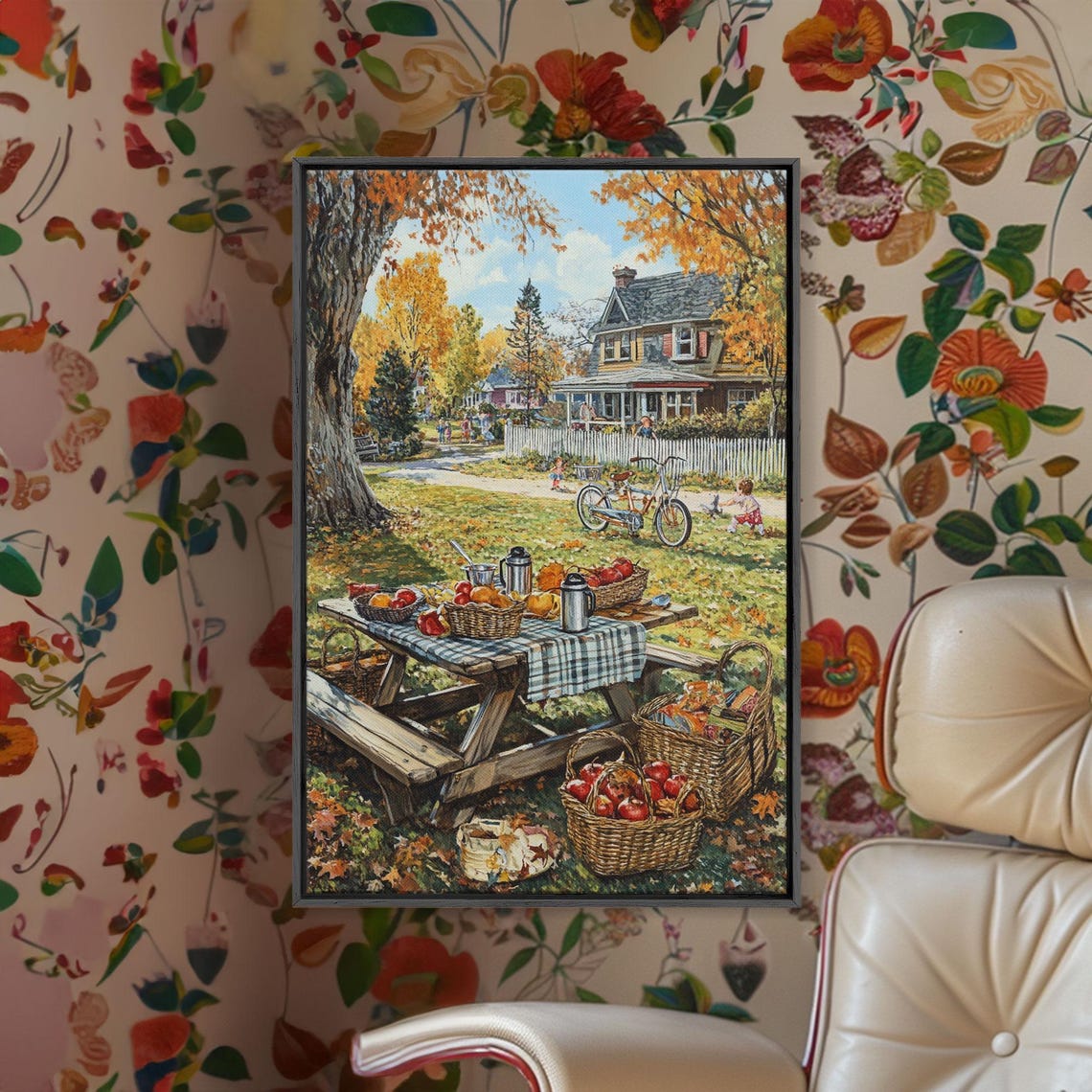 Autumn Picnic Table With Apple Baskets In Fall Yard Scene Poster - Image 2