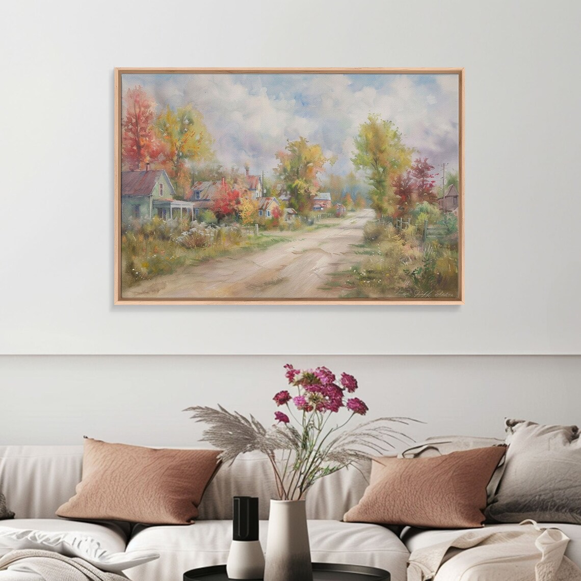 Autumn Small Town Street Watercolor Fall Foliage Houses Village Poster