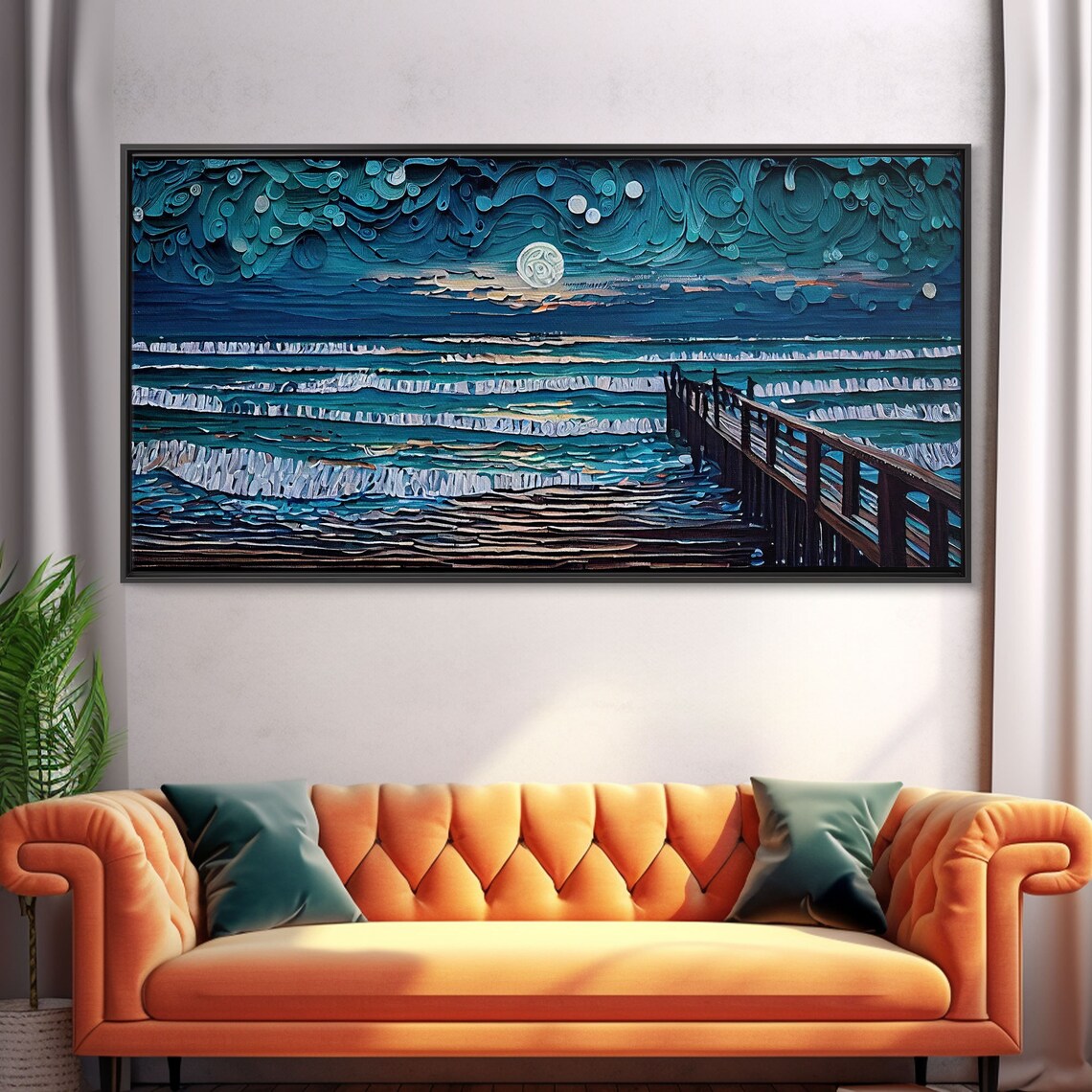 Full Moon Over Beach, Lighthouse Coastal Art Print - Image 5