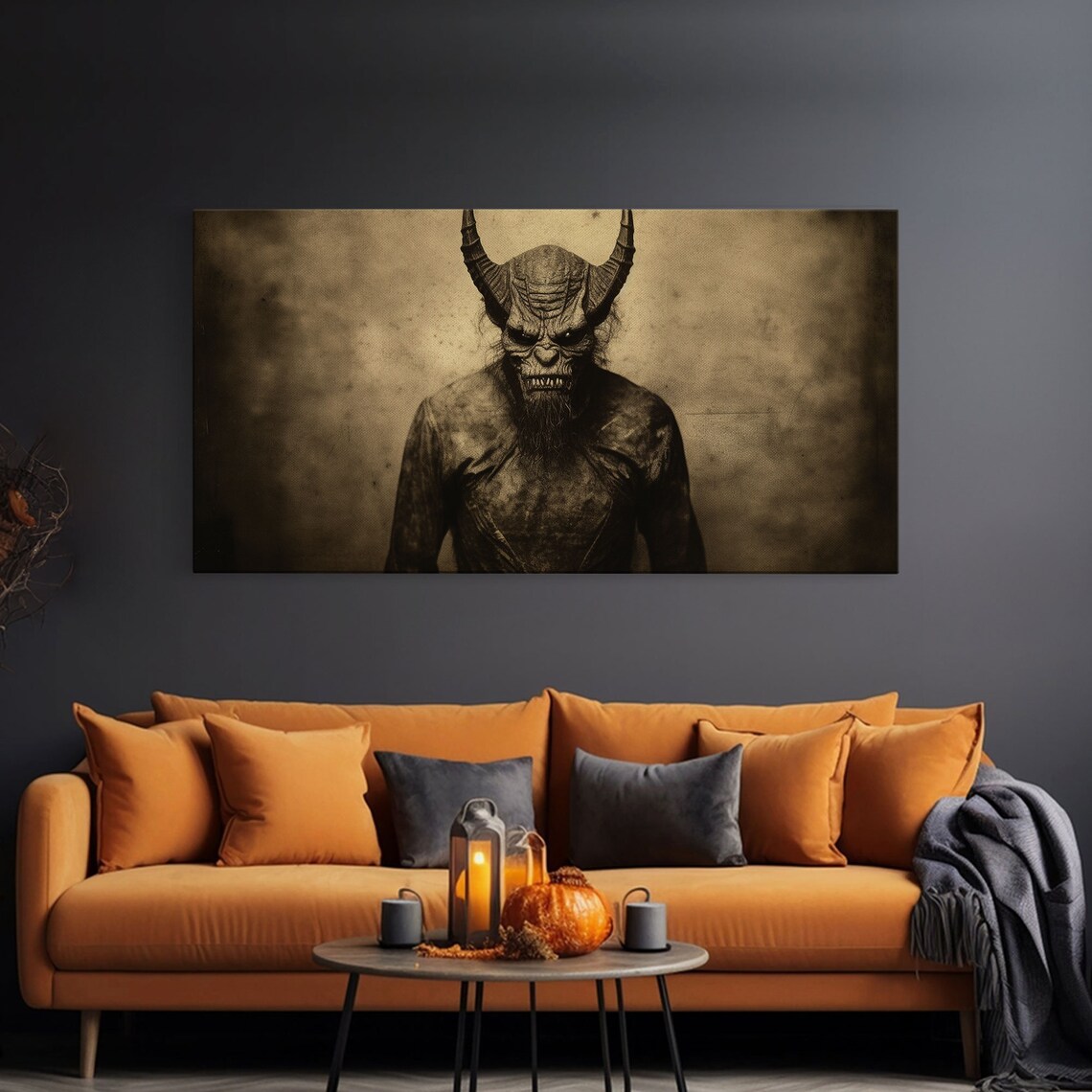 Horned Demon Creature Sepia Vintage Photograph Creepy Horror Wall Art Poster