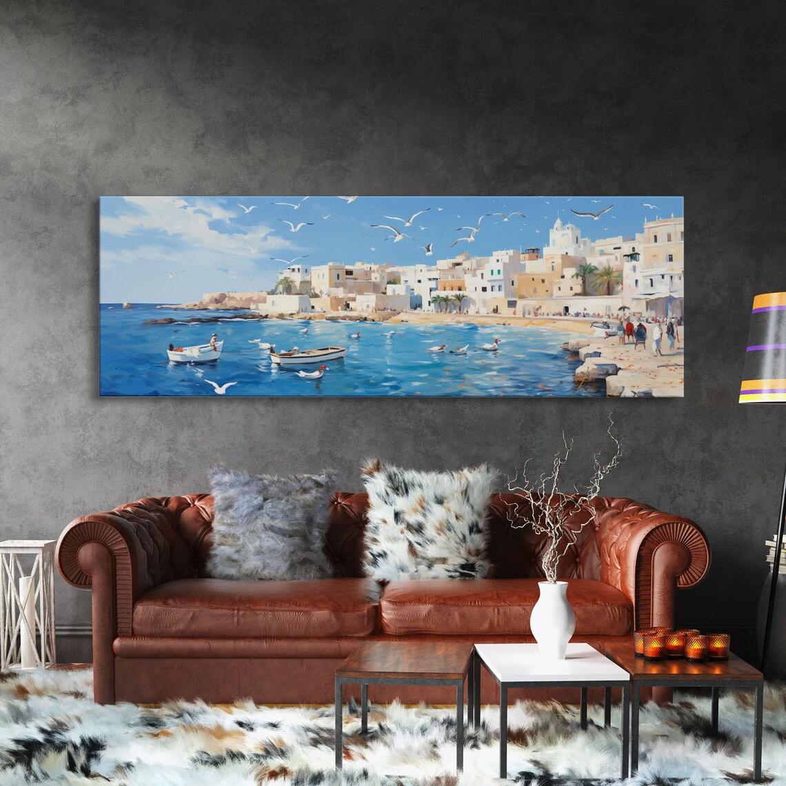 Mediterranean Fishing Village Sunny Coast Boats Seagulls Harbor Poster - Image 3
