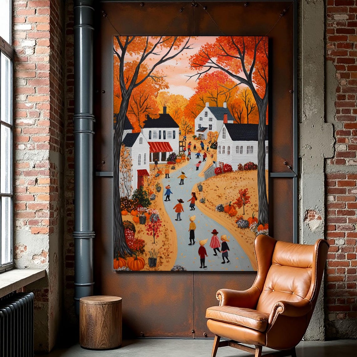 Autumn Village Folk Art With Children Pumpkins And Fall Foliage Poster - Image 2