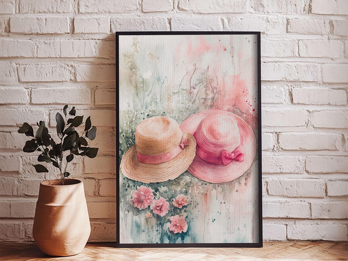 Straw Sun Hats Floral Watercolor Summer Garden Escape Art Print