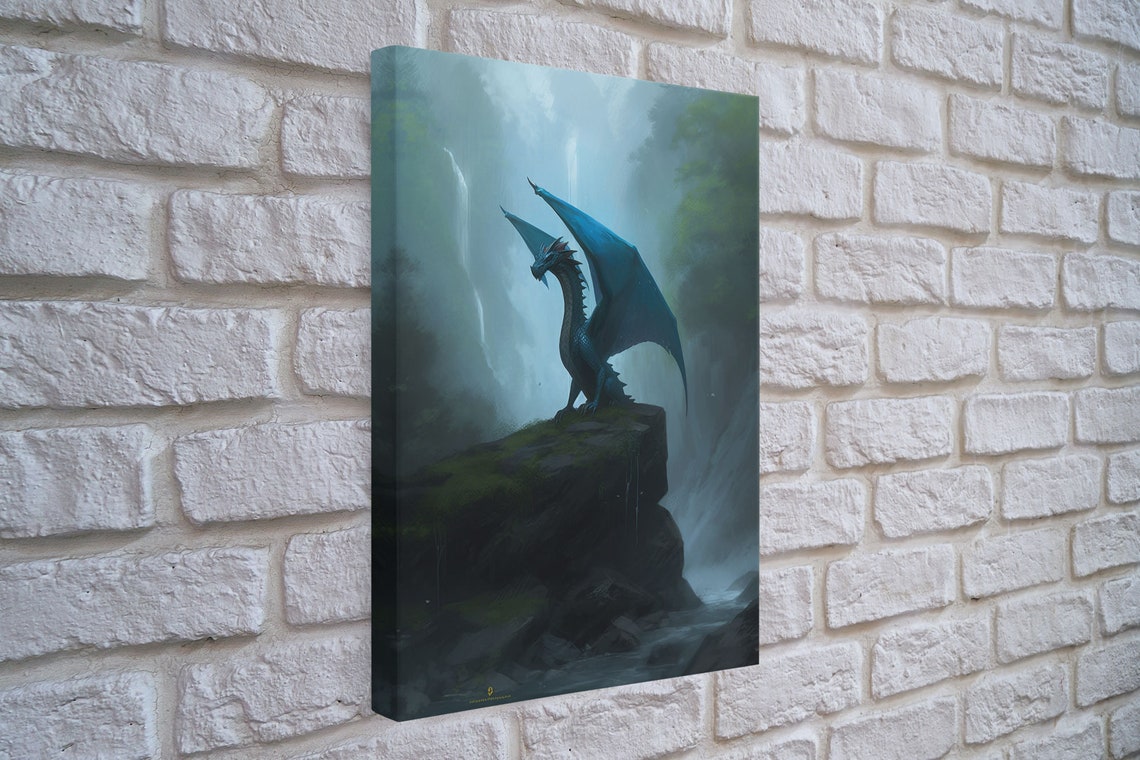 Blue Dragon Cliff Waterfall Misty Forest Fantasy Creature Art Poster - Image 3